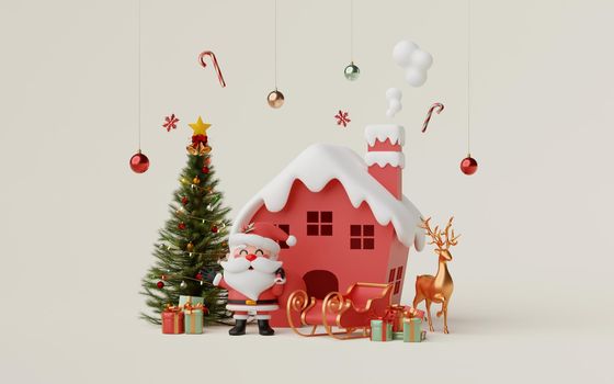 3d Christmas banner of Santa Claus and reindeer around red house to celebrate Christmas day