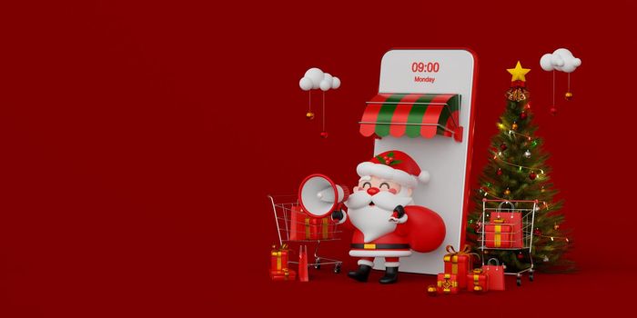 Christmas shopping online on mobile concept, Santa Claus holding megaphone with gift box in front of mobile shop, 3d illustration