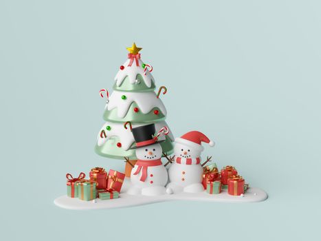 Christmas theme banner of Snowman with Christmas tree and gift box, 3d illustration