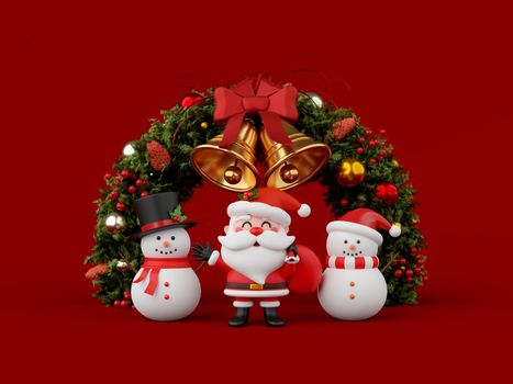 3d illustration Christmas banner of Santa Claus and snowman with Christmas wreath