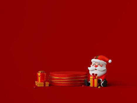 Santa Claus sit next to podium with Christmas gift, 3d illustration