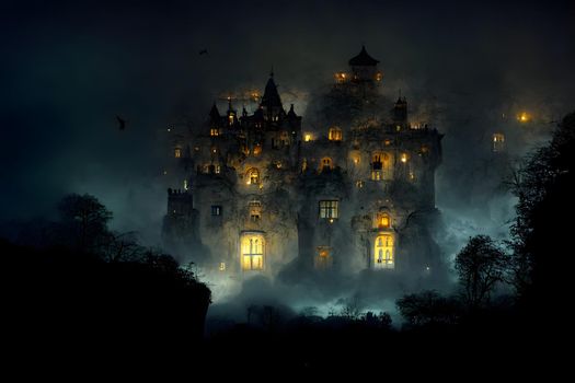 large haunted castle with many illuminated windows at spooky misty dark halloween night, neural network generated art