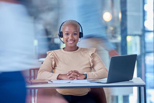 Call center worker, business administration sales consultant and black woman networking, contact and consulting for crm telemarketing in busy office. Portrait of happy customer service communication
