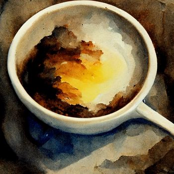 Watercolor drawing ceramic cup of hot coffee with milk or cappuccino.
