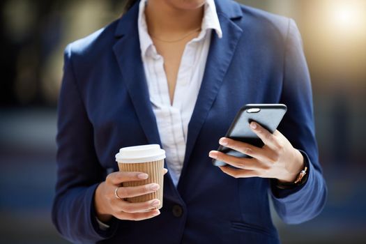 Coffee break and phone in hands of a business woman reading email, online internet notification or communication for contact us background. Corporate marketing professional worker with a cellphone.
