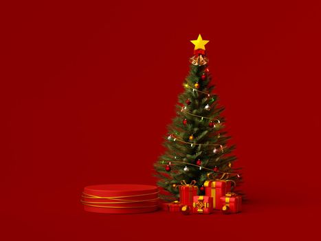 Product podium with Christmas tree and gift for advertisement, 3d illustration
