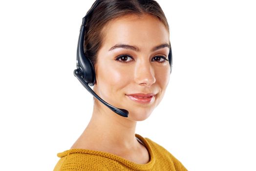 You know who to call. a call center agent posing against a white background.