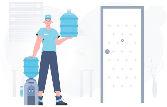 A man is holding a bottle of water. Delivery concept. Cartoon style character depicted in full growth. Vector.