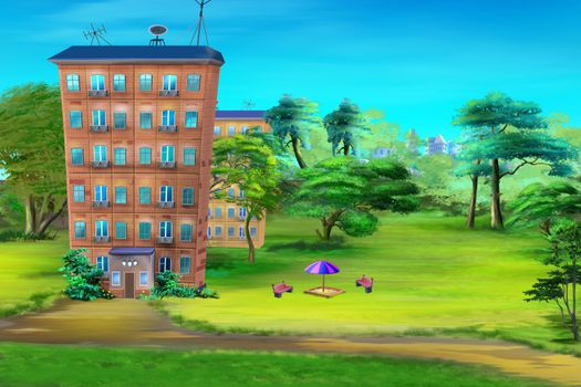Residential building in the park area. Digital Painting Background, Illustration.