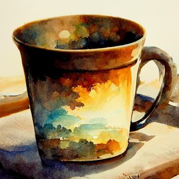 Watercolor drawing ceramic cup of hot coffee with milk or cappuccino.