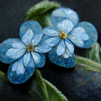 Bunch of small blue forget me not flowers with leaves.