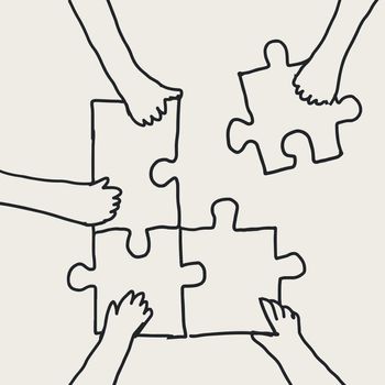 Teamwork doodle vector hands connecting puzzle jigsaw