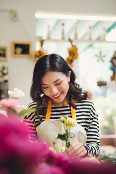 Cute concentrated young female florist working in flower shop