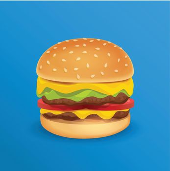 Vector Illustration of Tasty Classic Burger isolated on Blue neutral Background