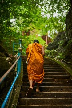 Follow me toward enlightenment. Rearview shot of a buddhist monk climbing a flight of stone steps.