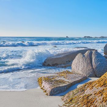 Rocky and sandy coast Camps Bay. Rocky coast of Western Cape, South Africa.