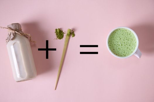 A bottle of organic plant-based milk plus scoop of powdered green tea equal Japanese matcha latte, over pink background.