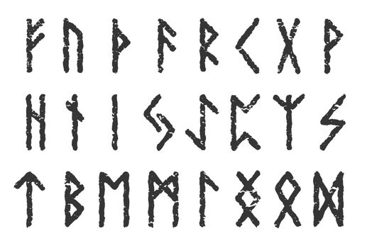 ancient scandinavian alphabet runes set white color isolated on black background, Vector script symbols