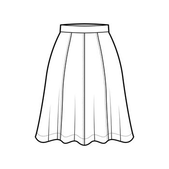 Skirt eight gore technical fashion illustration with below-the-knee silhouette, semi-circular fullness bottom template