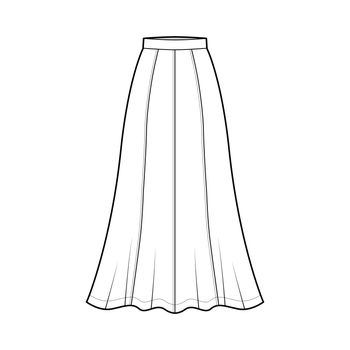 Skirt maxi eight gore technical fashion illustration with ankle lengths silhouette, semi-circular fullness. Flat bottom