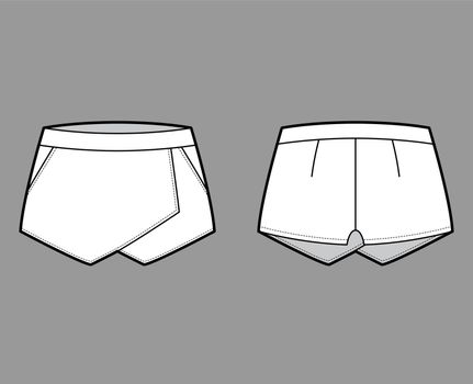Skirt skort shorts skort technical fashion illustration with mini length silhouette, pencil fullness, thin waistband
