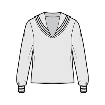 Shirt middy sailor suit technical fashion illustration with long sleeves, tunic length, oversized. Flat apparel top