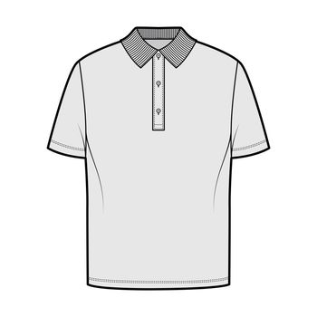 Shirt polo technical fashion illustration with short sleeves, tunic length, henley neck, oversized, flat knit collar