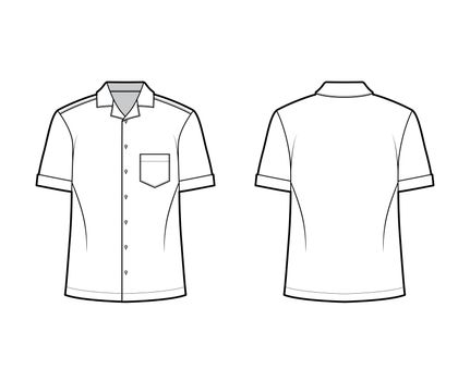 Shirt camp technical fashion illustration with short sleeves, angled patch pocket, relax fit, button-down, open collar