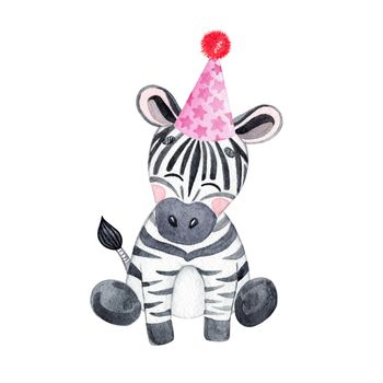 Watercolor zebra in party hat isolated on white background