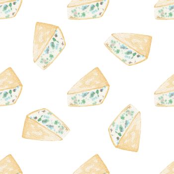 Watercolor blue cheese seamless pattern on white