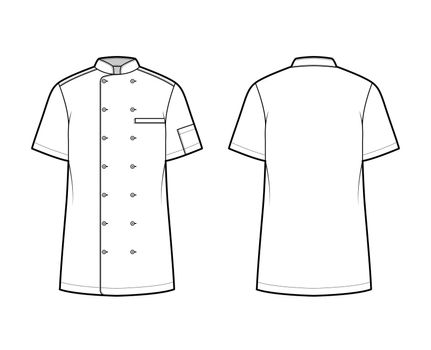 Shirt bakers chefs uniform technical fashion illustration with short sleeves, welt pockets, relax fit, double breasted button-down. Flat template front, back white color. Women men top CAD mockup
