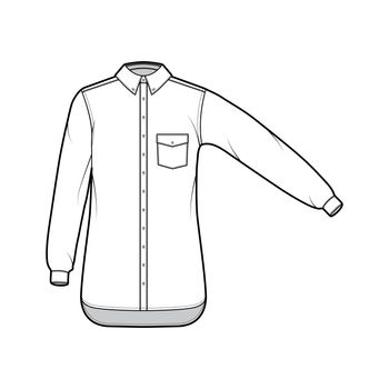 Classic shirt technical fashion illustration with angled pocket, straight long sleeves, relax fit front button-fastening