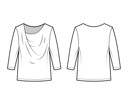 T-Shirt draped technical fashion illustration with long sleeves, tunic length, oversized. Apparel blouse top outwear