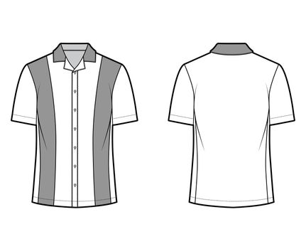 Shirt bowling technical fashion illustration with short sleeves, open collar, tunic length, oversized uniform apparel