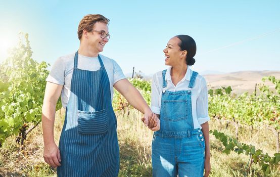 Interracial couple farming on wine farm in nature, farmer on vineyard in natural environment for agriculture and green sustainable lifestyle in countryside. Sustainability and ecology in summer
