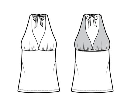 Top empire seam and tieback halter tank technical fashion illustration with close-fitting shape, oversized. Flat apparel