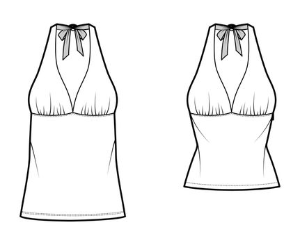 Set of Tops empire seam and tieback halter tank technical fashion illustration with close-fitting, oversized shape