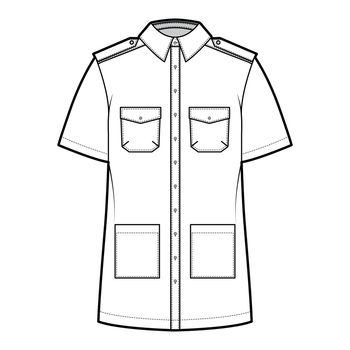 Shirt safari technical fashion illustration with short sleeves, flaps and patch pockets, relax fit, epaulettes, buttons