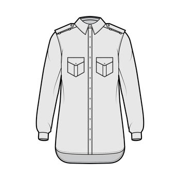 Shirt epaulette technical fashion illustration with flaps angled pockets, elbow fold long sleeve, relax fit, button-down