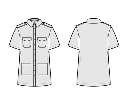 Shirt safari technical fashion illustration with short sleeves, flaps and patch pockets, relax fit, epaulettes, buttons