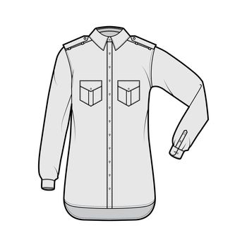 Shirt epaulette technical fashion illustration with flaps angled pockets, elbow fold long sleeve, relax fit, button-down