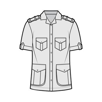 Shirt safari technical fashion illustration with short sleeves, flaps pockets, relax fit, button-down, epaulettes collar