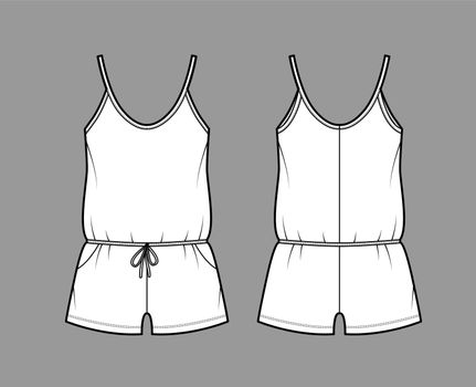 Teddy romper bodysuit technical fashion illustration with scoop neck, shirred shorts. Flat one-piece underwear apparel