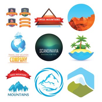 Set of Travel Emblem with Mountains, Ships and Sea Exotic Landscapes
