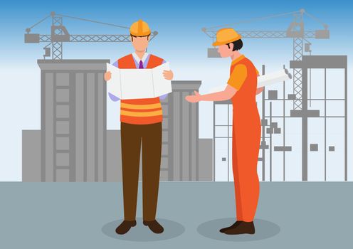 Engineer discussing problems at a construction site, flat vector illustration The foreman is looking at the construction project plan. Construction and Engineering Concepts machines and cranes on the background