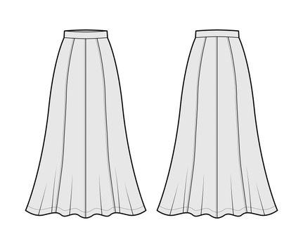 Skirt maxi eight gore technical fashion illustration with ankle lengths silhouette, semi-circular fullness. Flat bottom