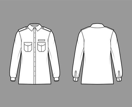 Shirt military technical fashion illustration with epaulette, flaps angled pockets, long sleeve, relax fit, button-down