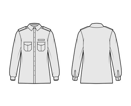 Shirt military technical fashion illustration with epaulette, flaps angled pockets, long sleeve, relax fit, button-down