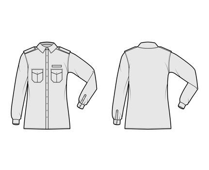 Shirt military technical fashion illustration with epaulette, flaps angled pockets, elbow fold long sleeve, relax fit
