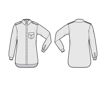 Shirt epaulette technical fashion illustration with flaps angled pocket, elbow fold long sleeve, relax fit, button-down